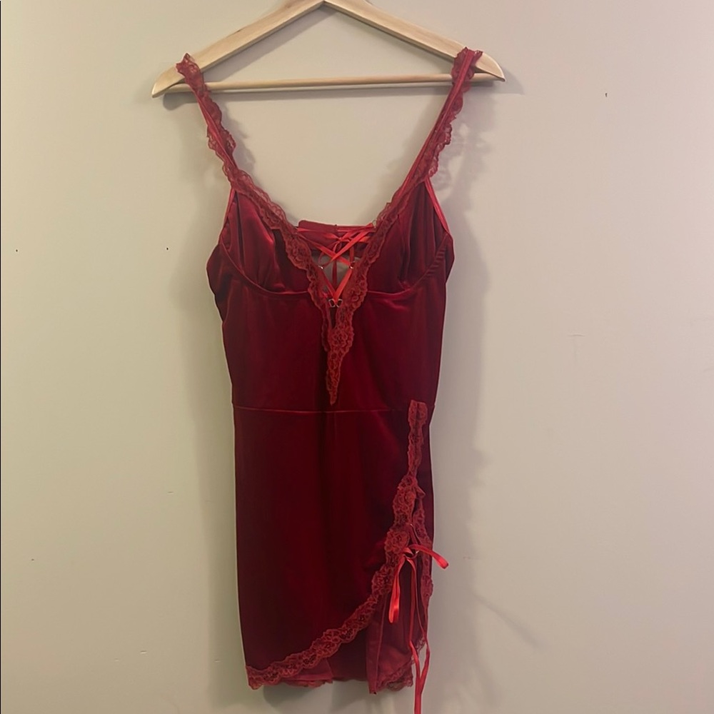 Elegant Red Mini-Dress Red Velvet Lace Trim US XS 💃🏻